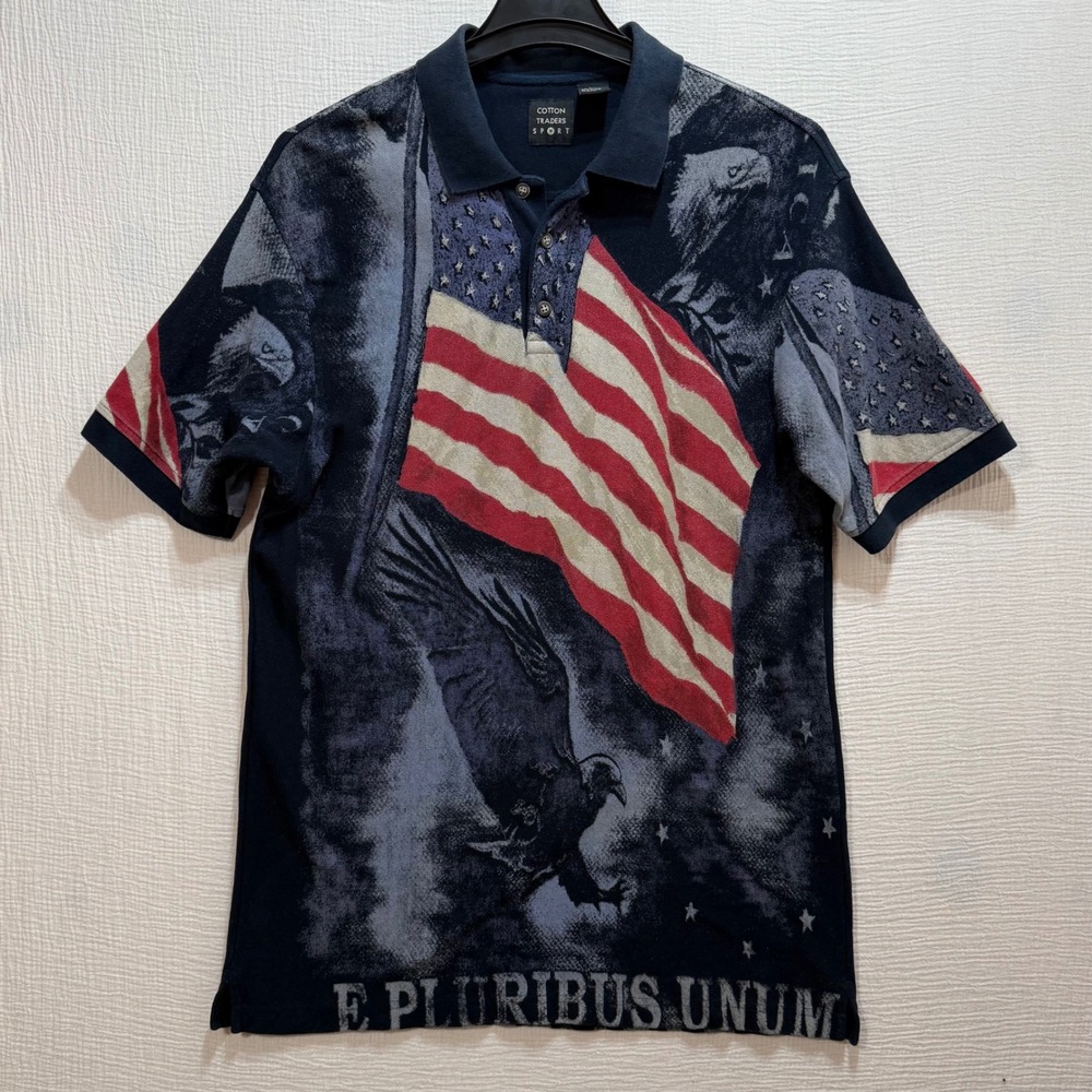 Cotton Traders Sport Polo Shirt Mens Large Navy American Flag Eagle Patriotic